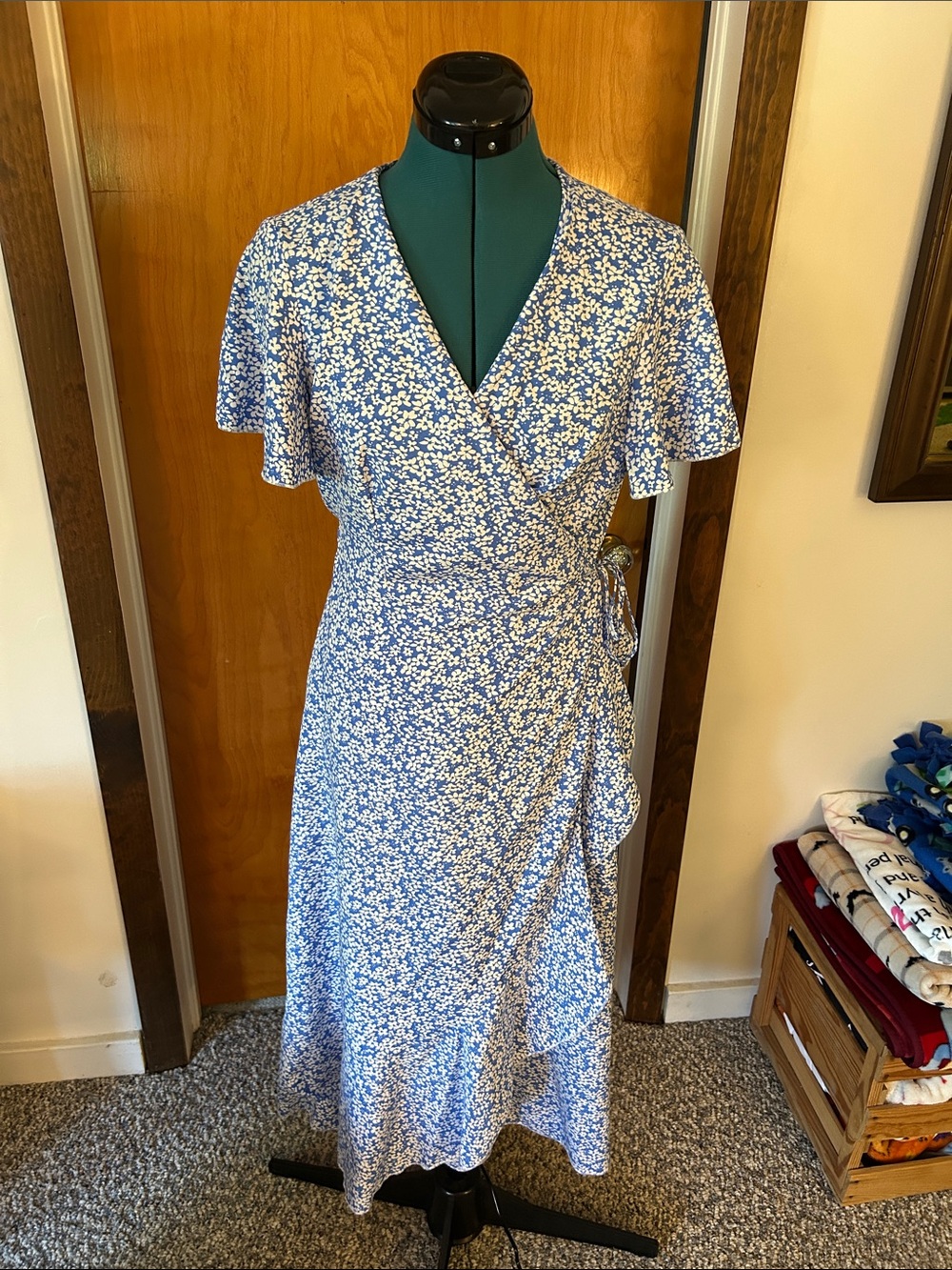 Blue Floral Wrap Dress with Flutter Sleeves